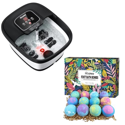 HOSPAN Collapsible Foot Spa with Heat, Bubble, Red Light, and Temperature Control, Foot Bath Massager with 8 Shiatsu Massage Rollers & 12 Essential Oil Rich Foot Bath Bombs Gift Set for Feet Stress Re